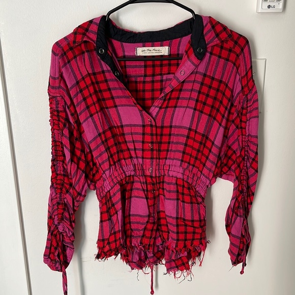 Free People Tops - Free People Pacific Dawn Red + Pink plaid cinched shirt